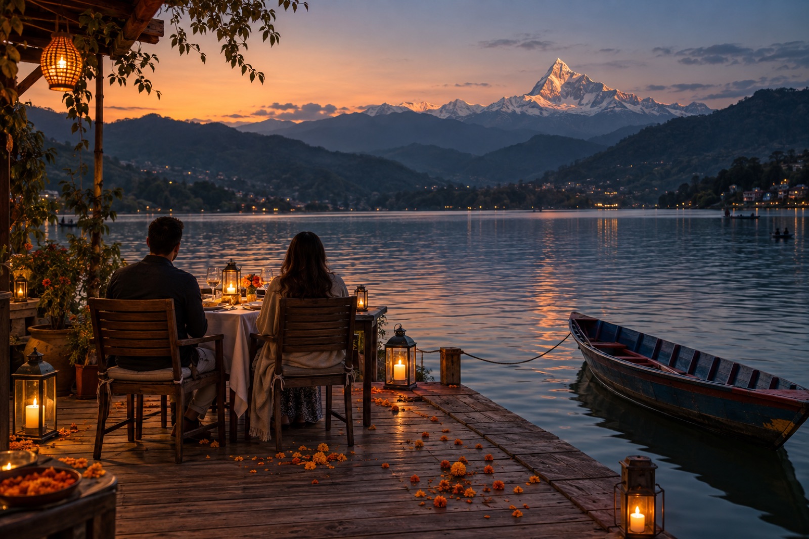 A candlelit dinner for two on a lakeside deck in Pokhara with Machhapuchhre reflected in Phewa Lake